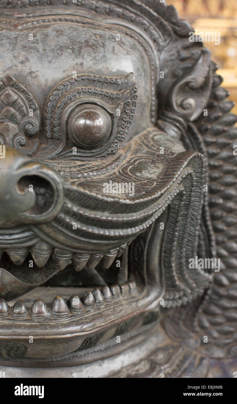Bronze Guardian Lion statue outside Wat Phra Kaew, The Grand Palace