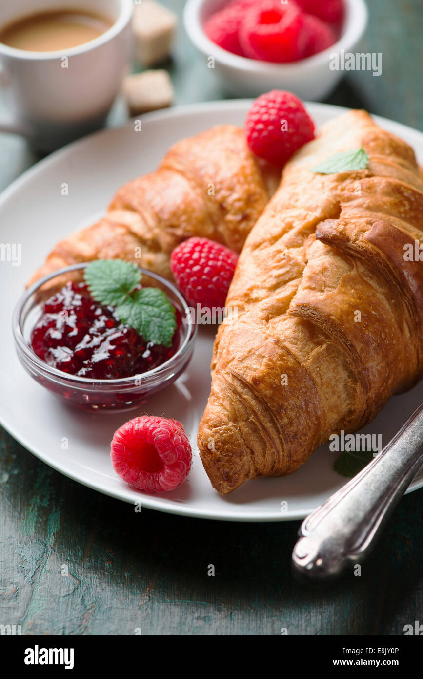 Breakfast with croissants and coffee. Stock Photo