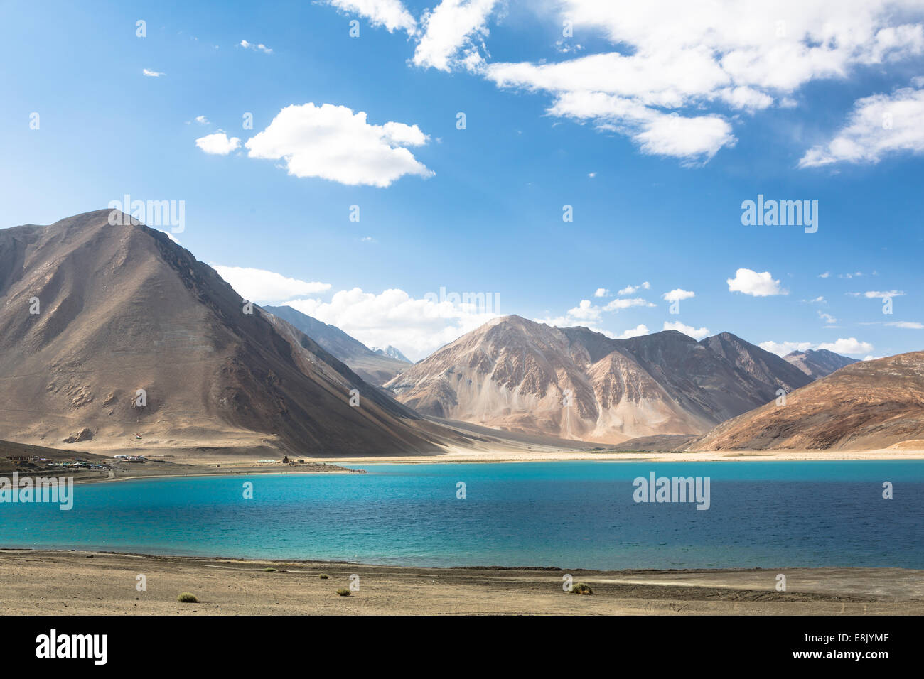 Stunning Pangong lake in Ladakh, India. The lake shares a border with Tibet in China. Stock Photo