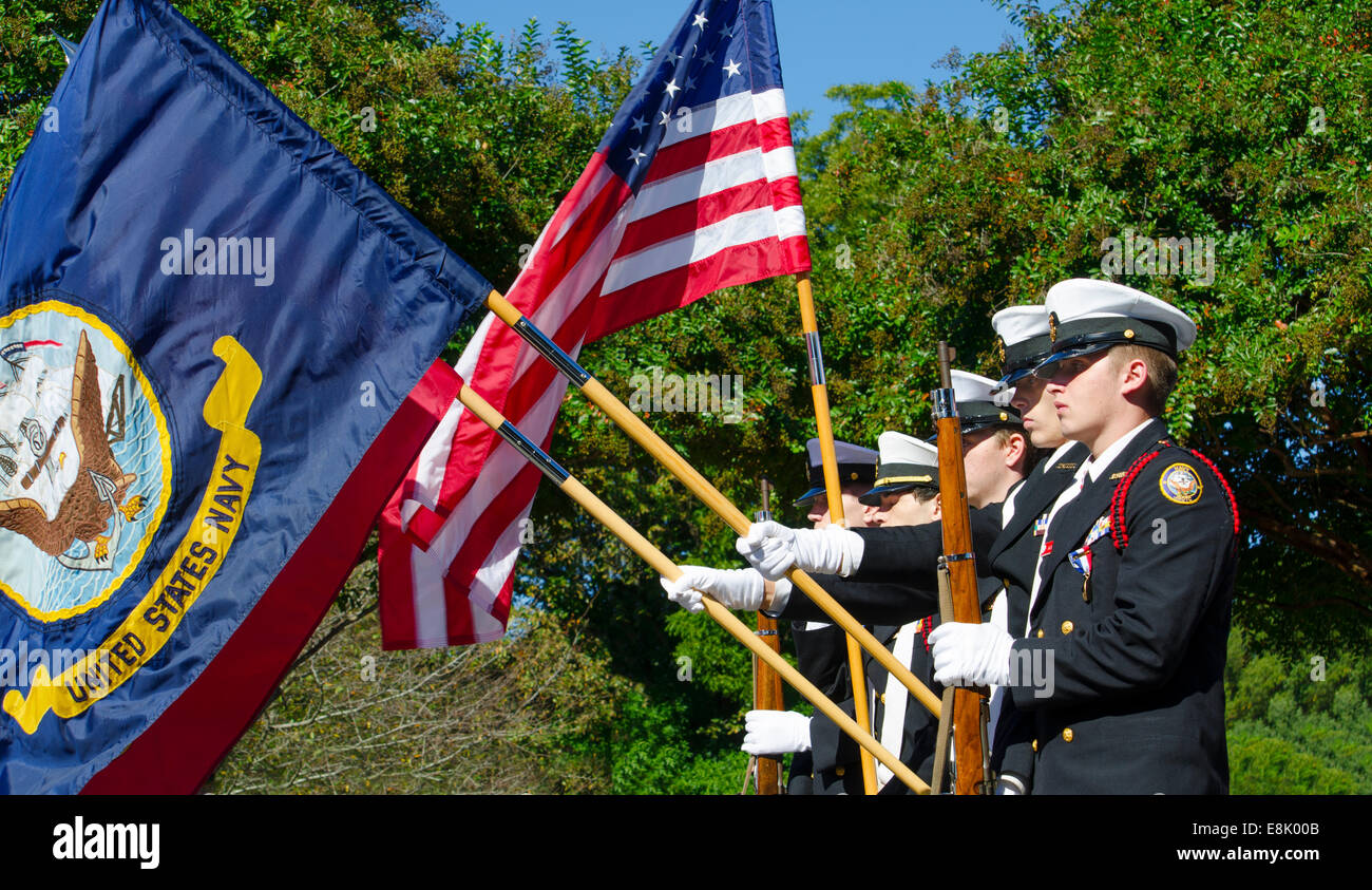 A US Navy Color Guard of ROTC Cadets presents the American, Navy and ...