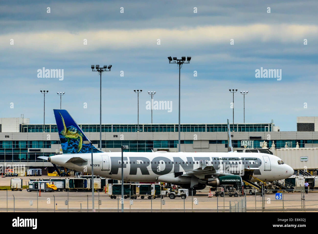 DIA, DEN, Denver International Airport, CO Frontier airplanes on the ground at DIA Stock Photo