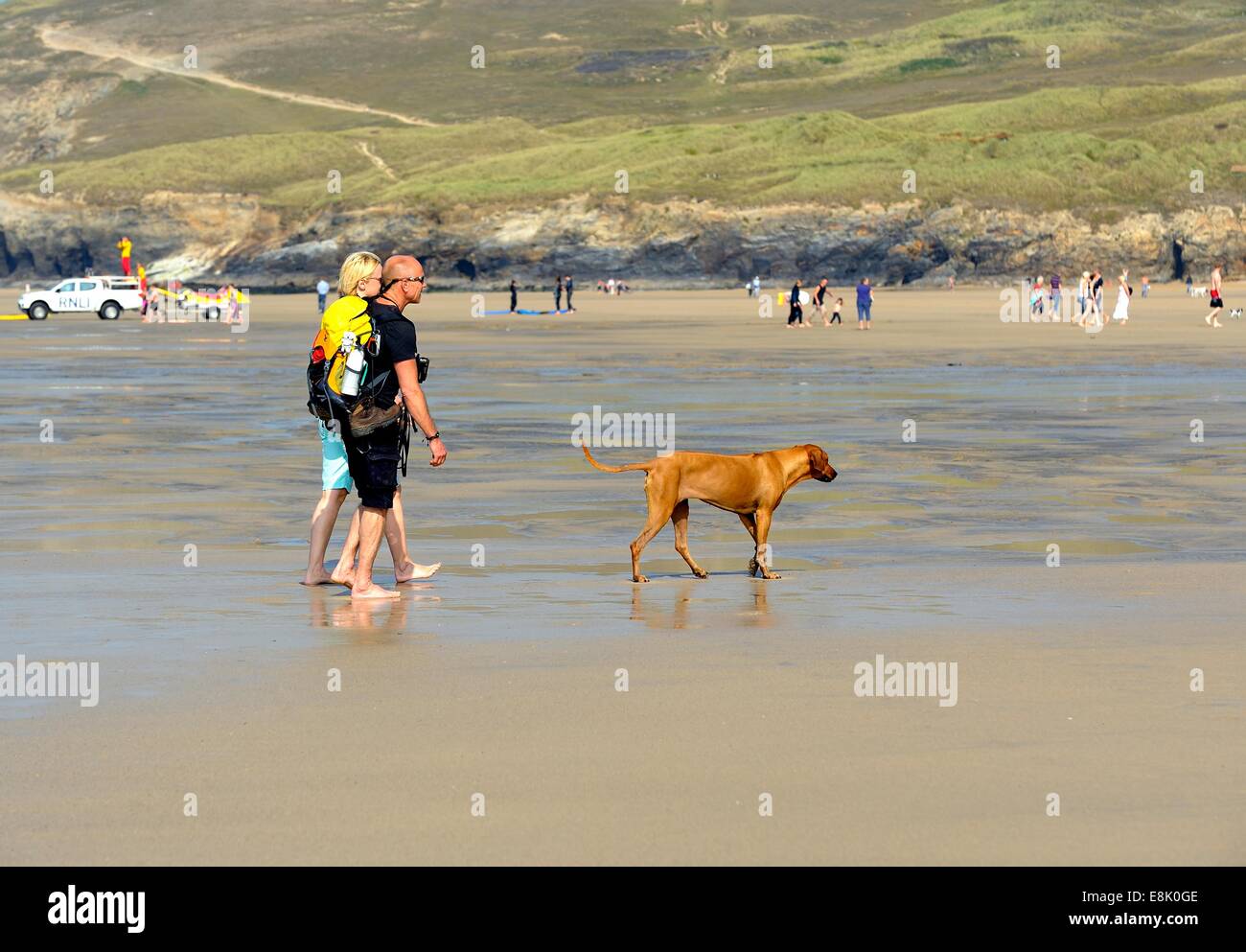 A couple walking a dog across Perranporth beach Cornwall England uk Stock Photo