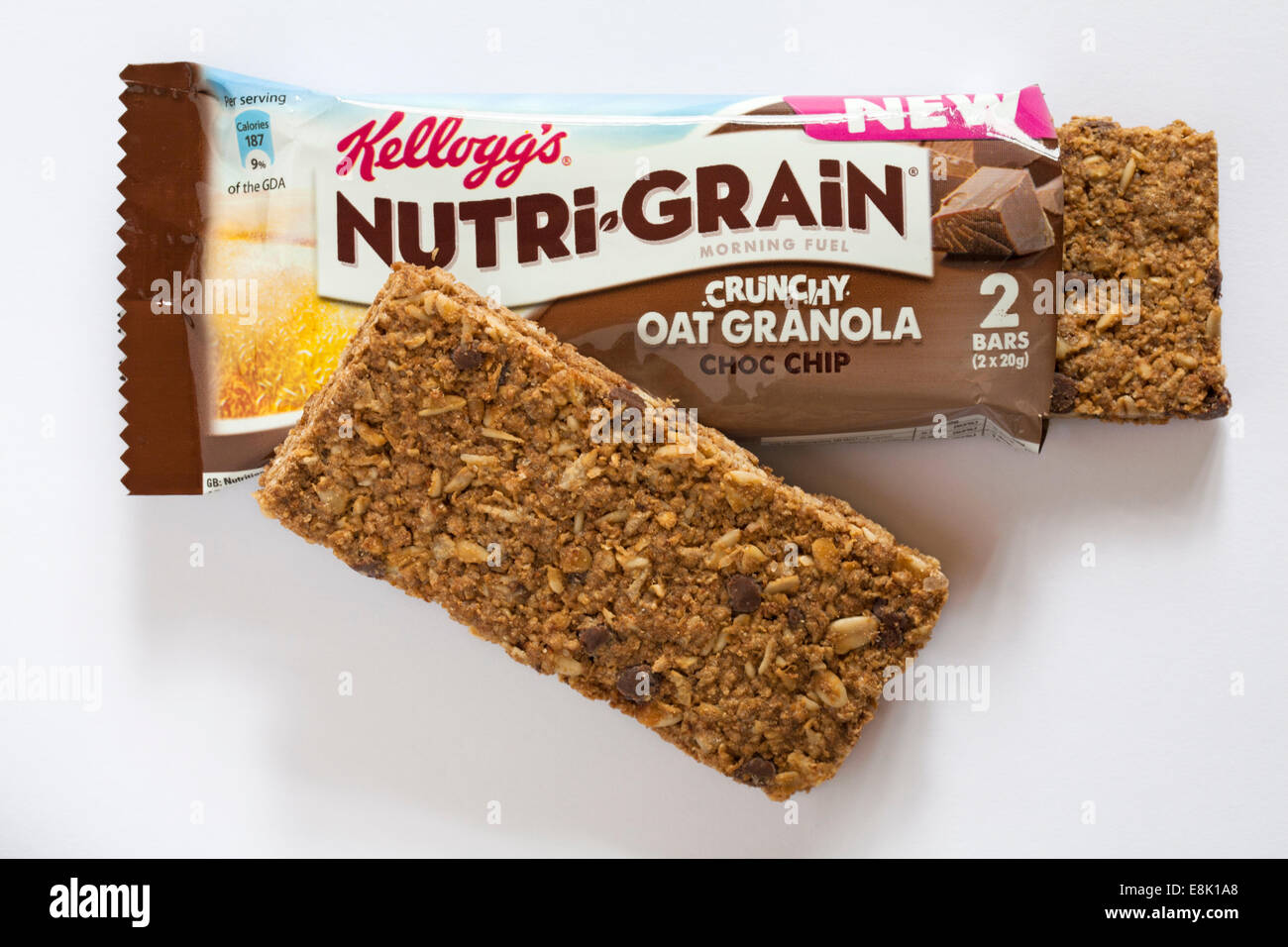 Packet of 2 bars of Kelloggs NutriGrain crunchy oat granola choc chip cereal bars undone with