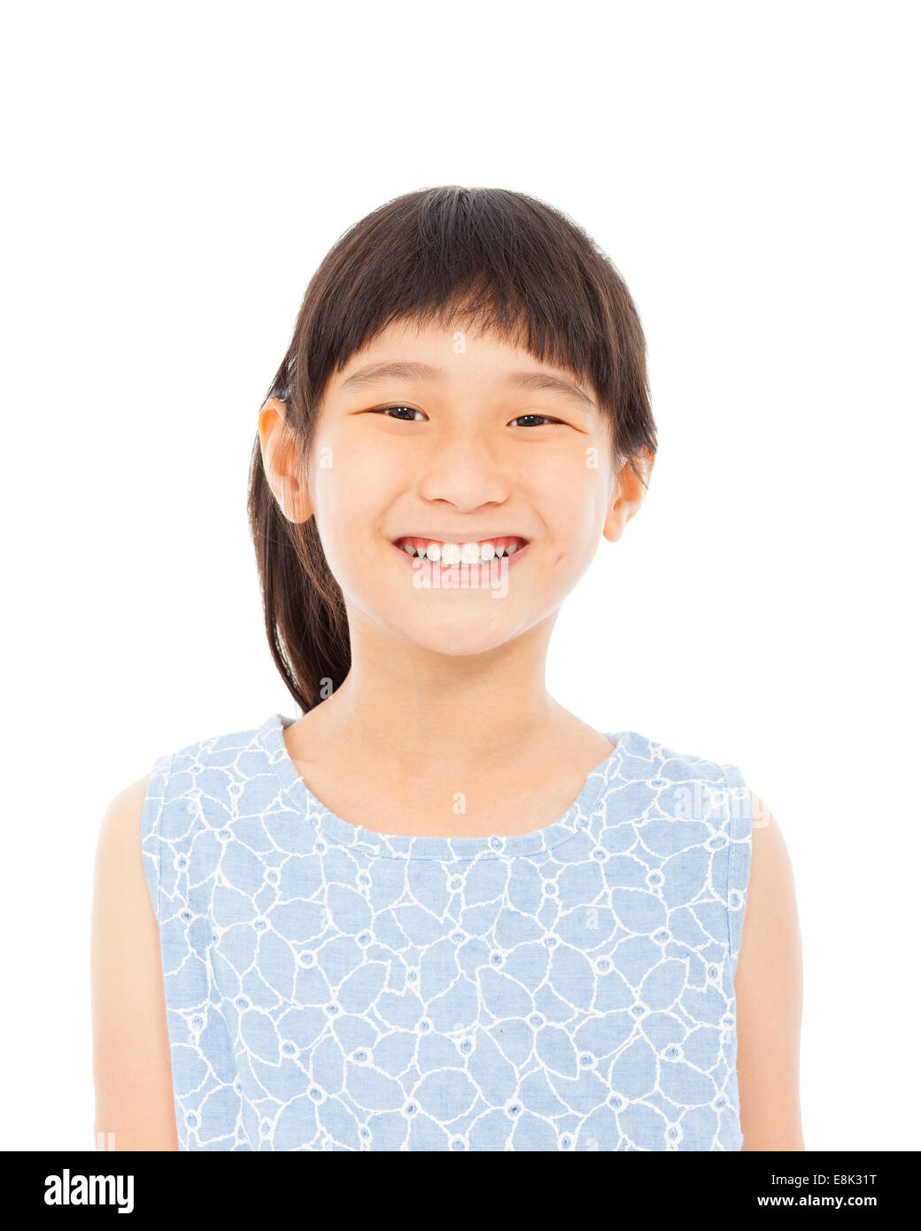 closeup of little girl happy facial expression over white background Stock Photo