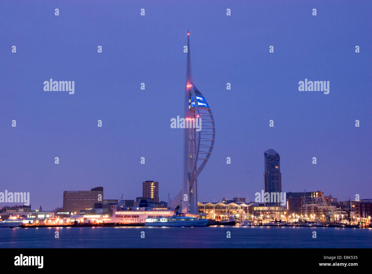 Portsmouth Harbour, UK 07 April 2013: the Spinnaker Tower lit up at night Stock Photo