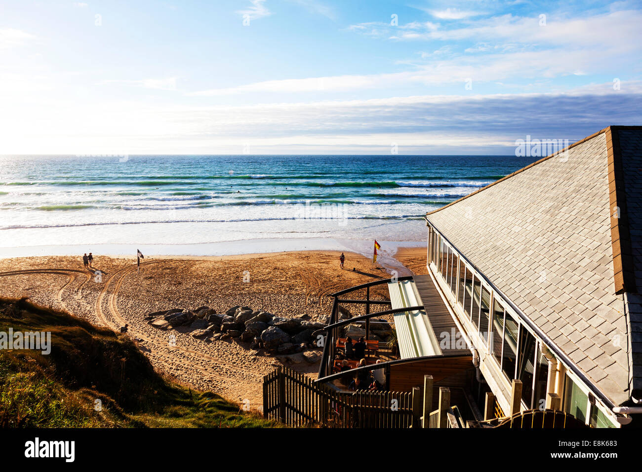 Jamie Oliver Oliver's Fifteen restaurant building Watergate Bay Cornwall uk England exterior outside beach beachfront front sea Stock Photo