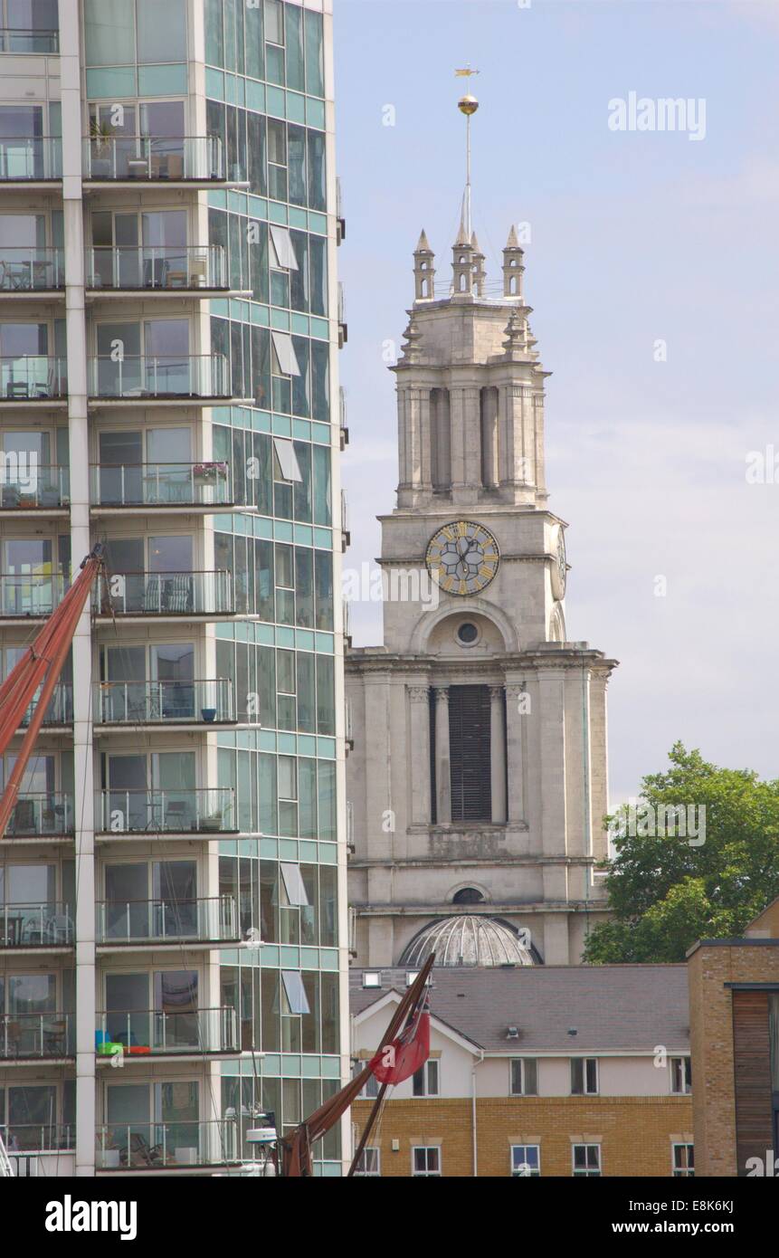 Modern flats and St Anne's Church at Limehouse in London, England Stock