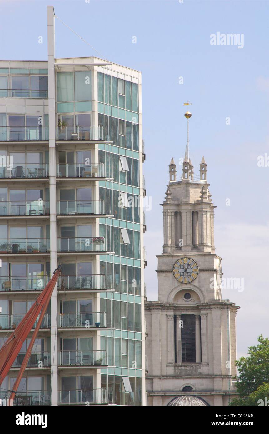 Modern flats and St Anne's Church at Limehouse in London, England Stock