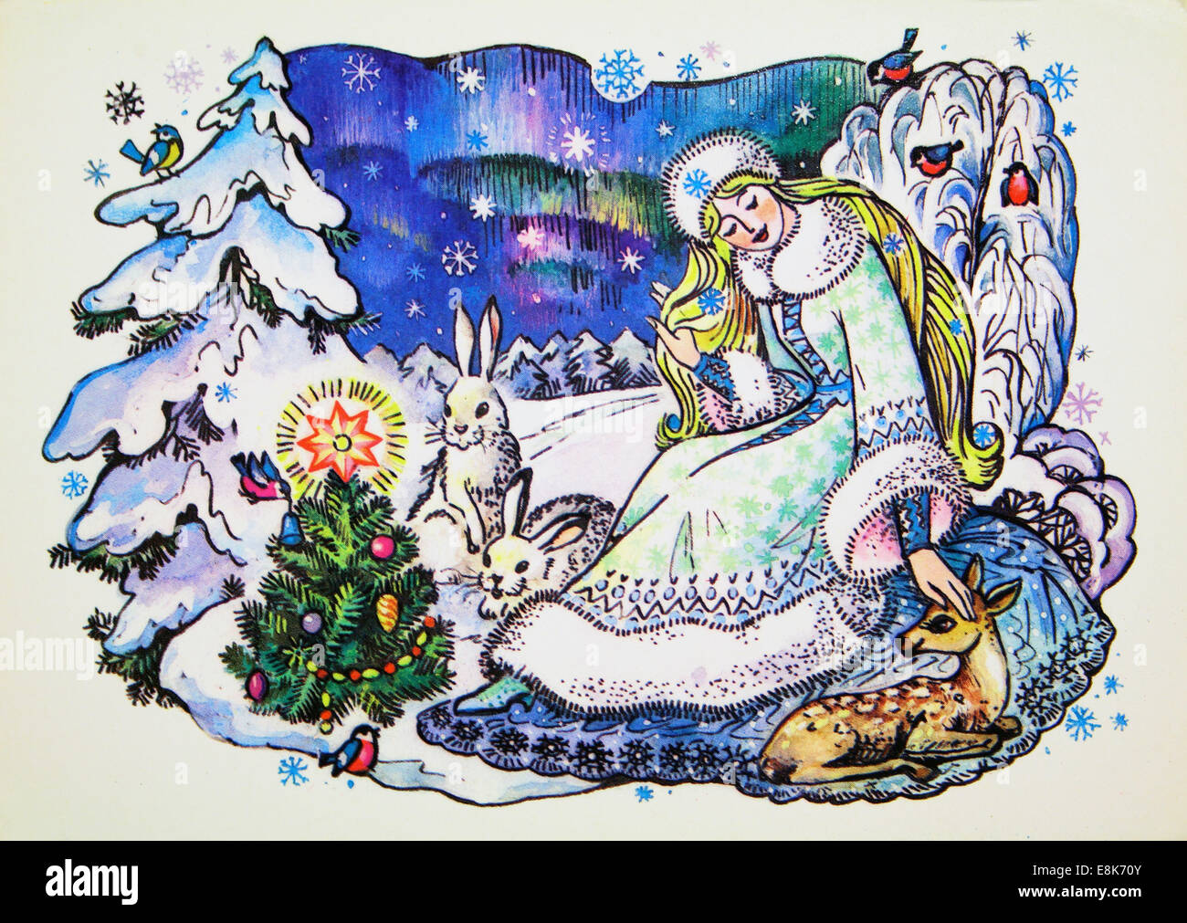 USSR 1986 Snow maiden postcard vintage Christmas Illustration