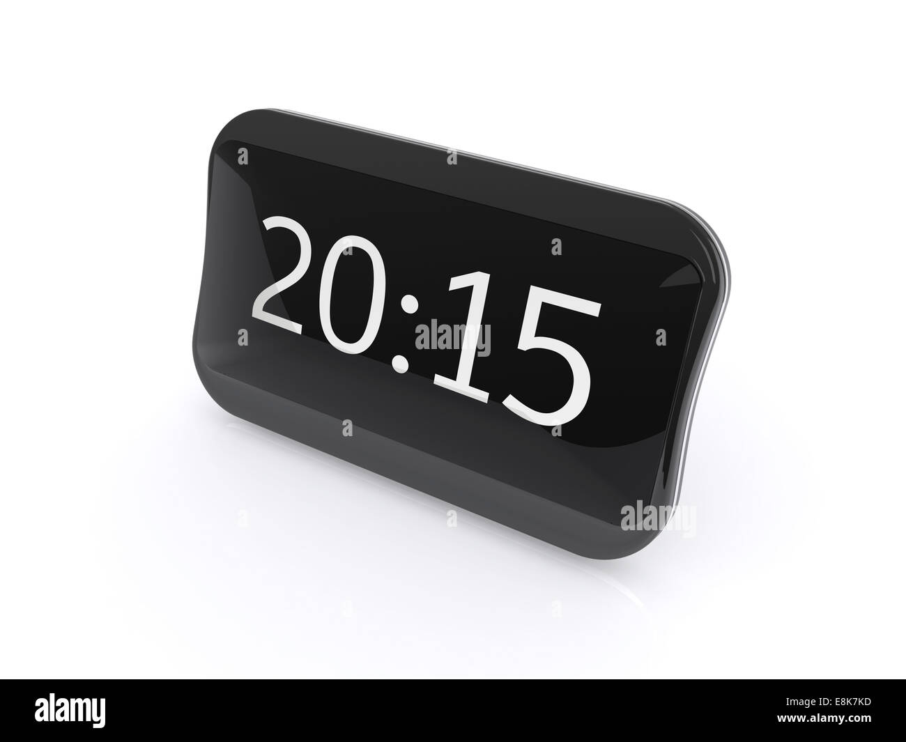 New black shining digital clock isolated on white background with 2015 text Stock Photo
