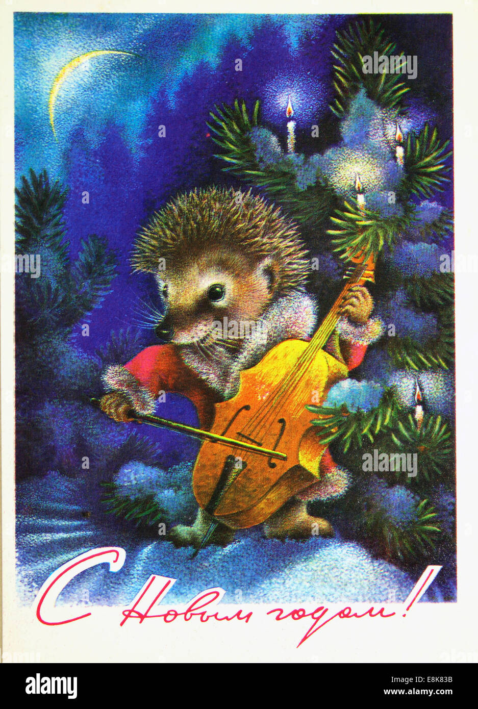 Dec. 2, 2009 - Reproduction of antique postcard shows Hedgehog plays the Cello under the snow-covered spruce, circa 1978, USSR.Russian text: Happy New Year! © Igor Golovniov/ZUMA Wire/ZUMAPRESS.com/Alamy Live News Stock Photo