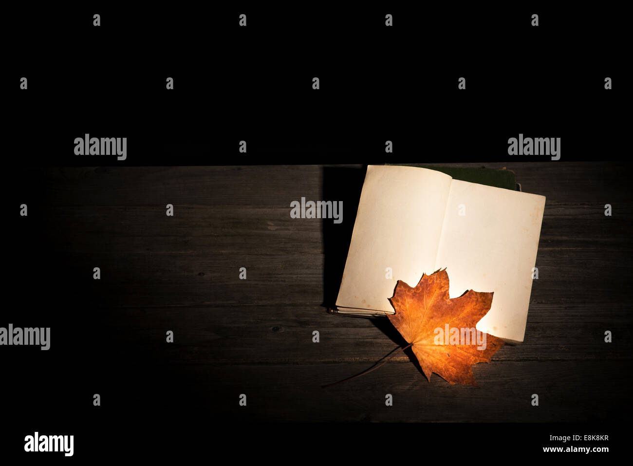 Opened old yellowed blank book and a maple leaf in a dark room - autumnal concept Stock Photo
