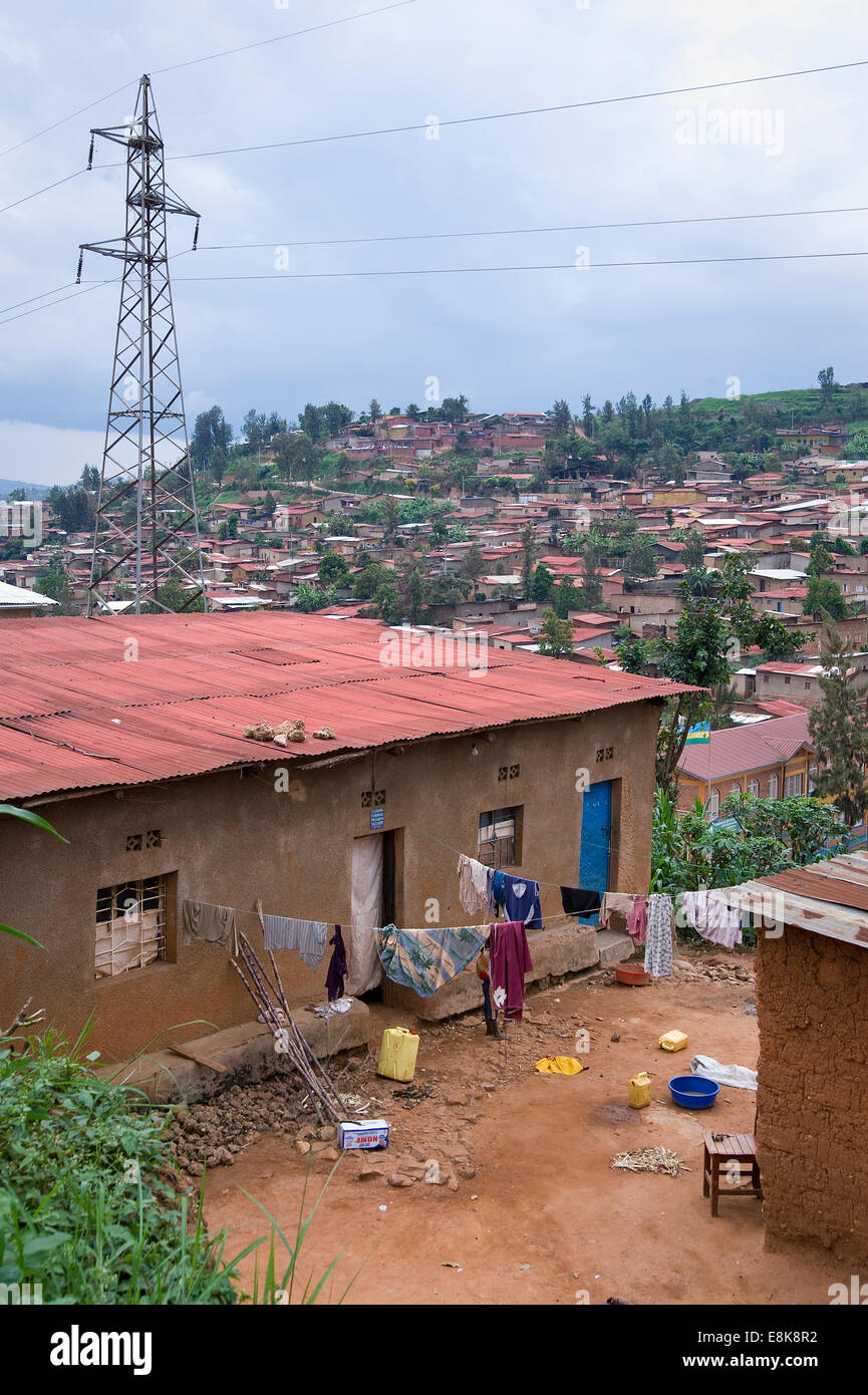RWANDA, KIGALI: Street scenes in Rwanda's capital. People, neighbourhoods, shops, hills, electricity. Stock Photo