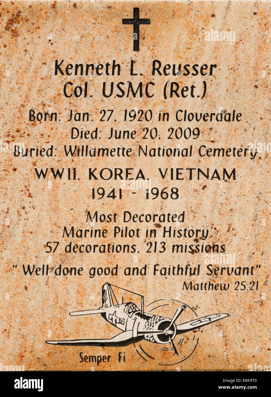 Commemorative statue  to Kenneth L. Reusser, the most decorated Marine Aviator, in his hometown of Cloverdale Oregon Stock Photo