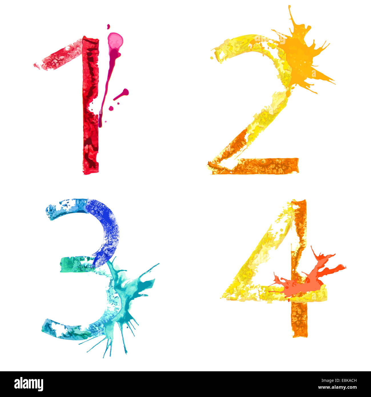 Colorful paint splash alphabet figures 1,2,3,4 - Stock Illustration Stock Photo