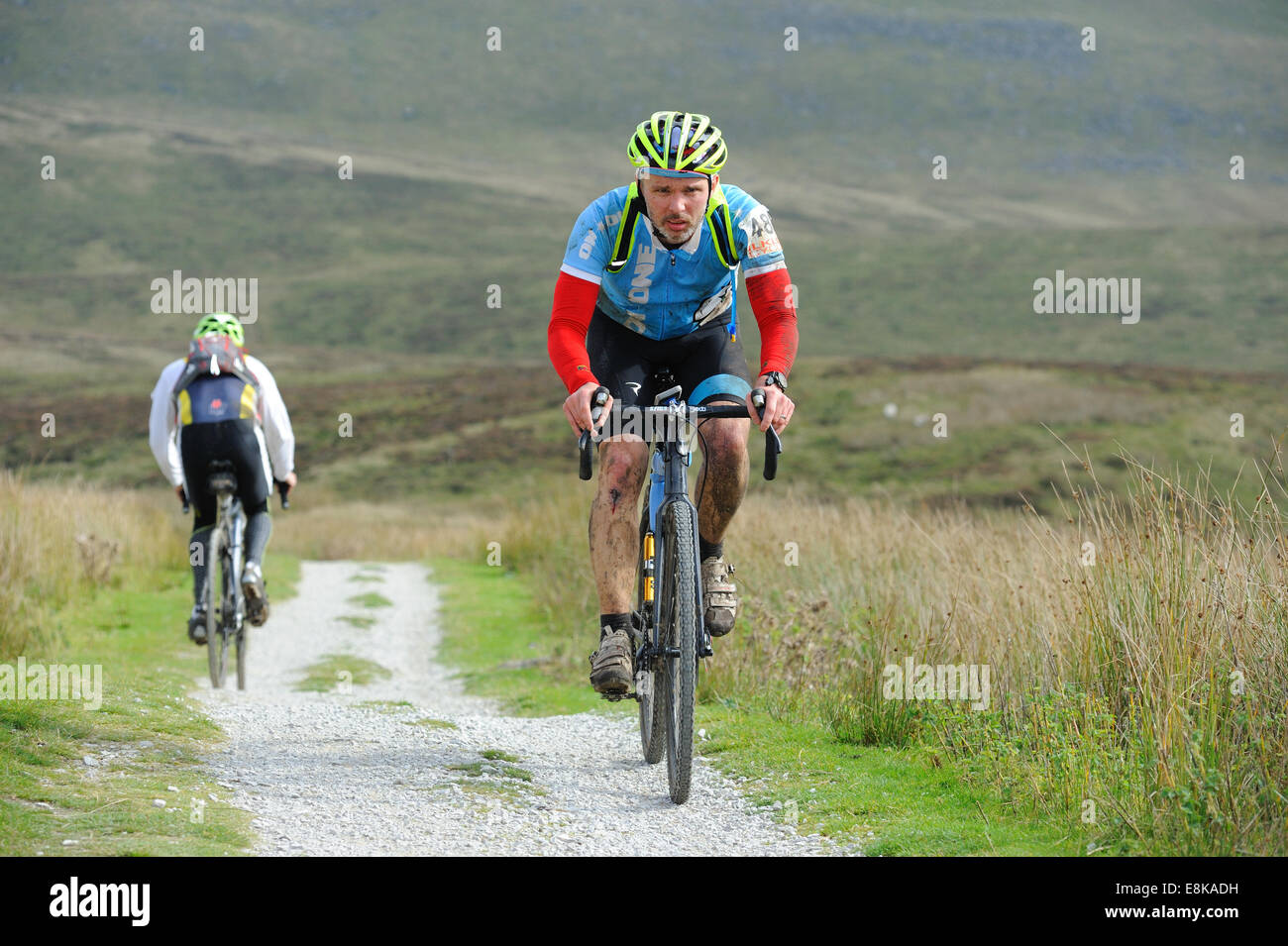 Riders in the Three Peaks Cyclocross race on Pen y Gent Stock Photo