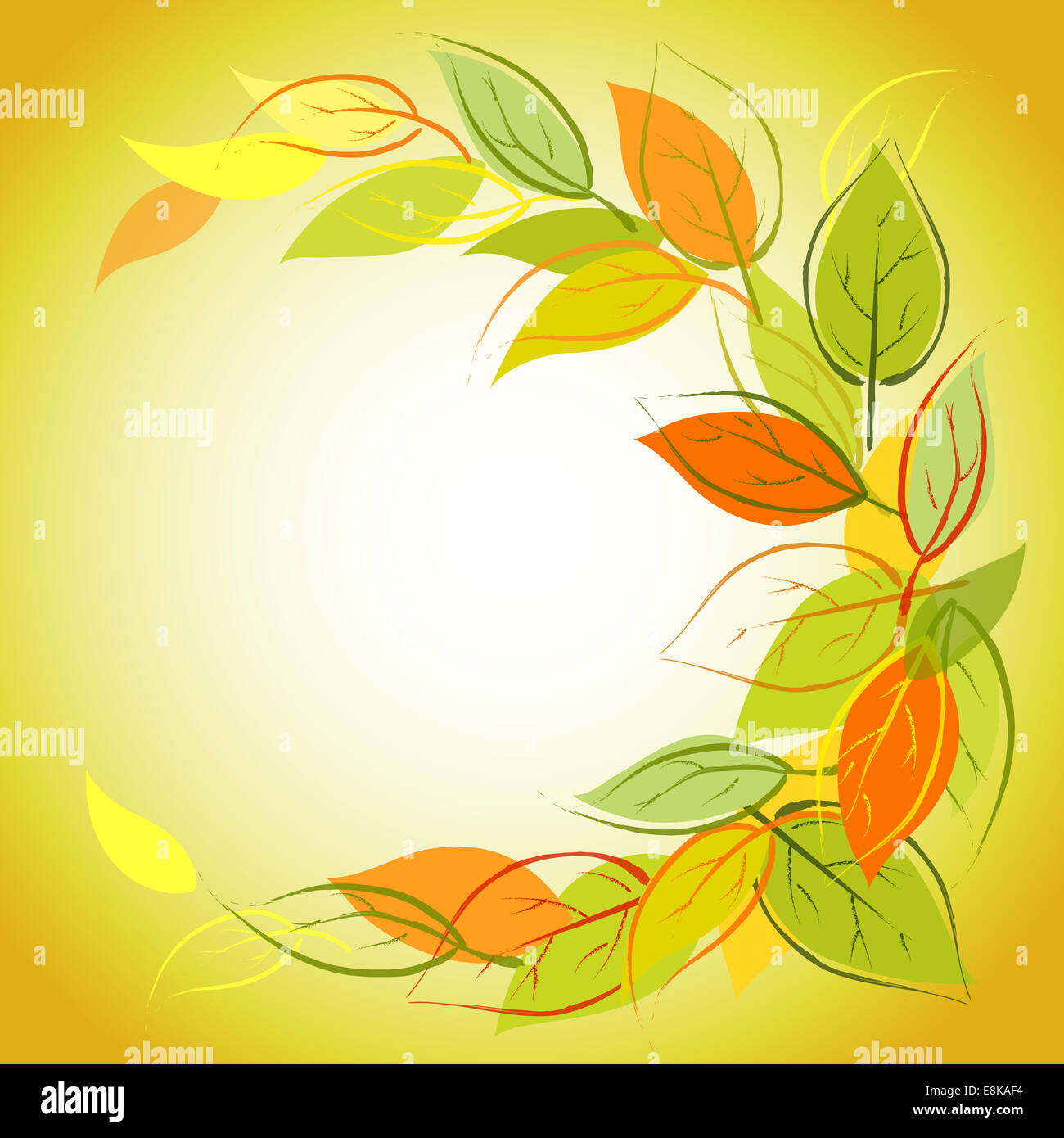 Green autumn background with orange leaves Stock Photo - Alamy