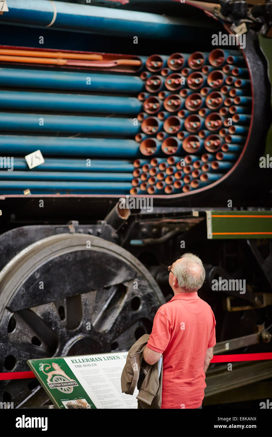 Steam engine cross section on display in the great hall National Railway Museum in York Yorkshire UK Stock Photo