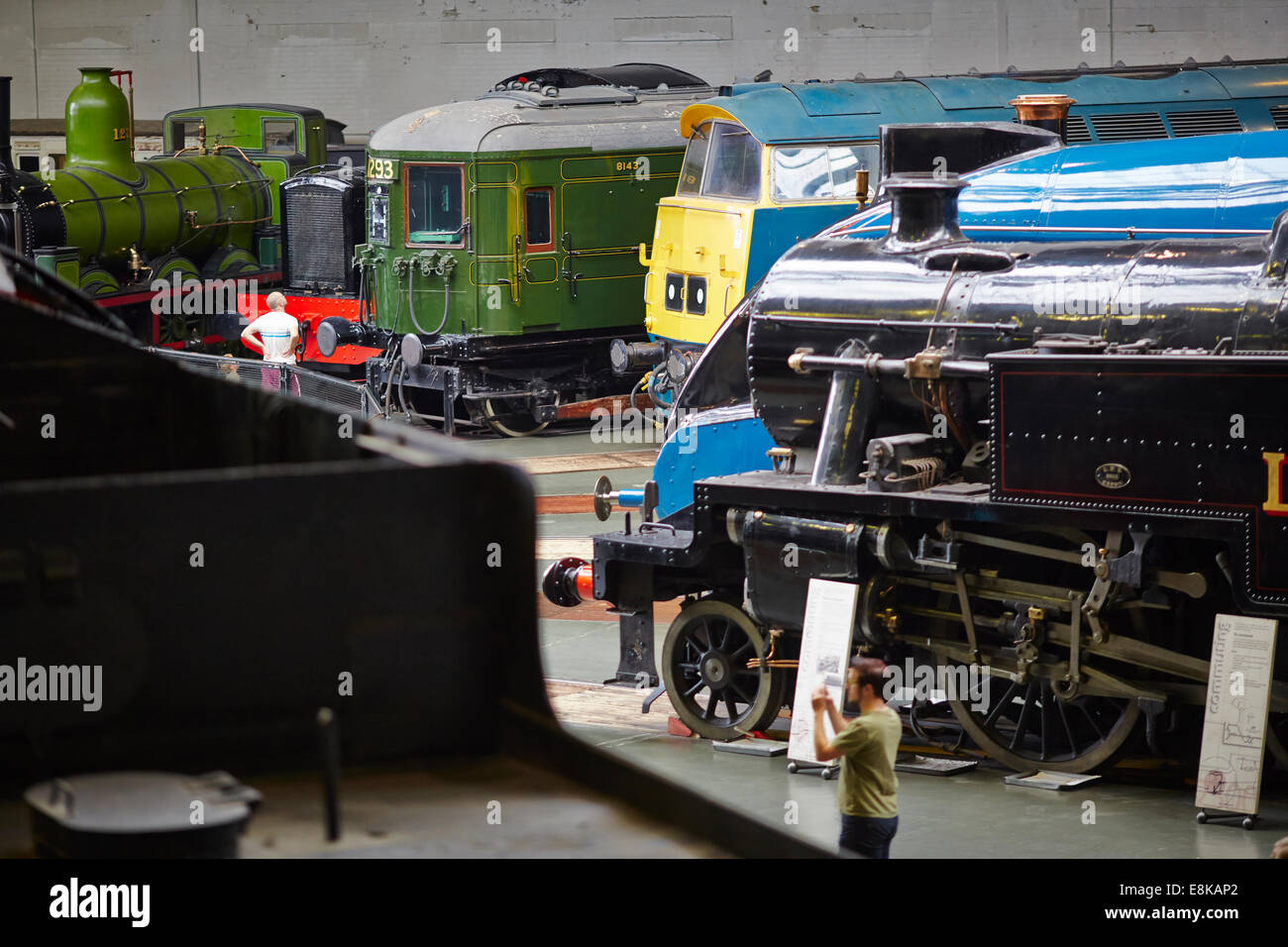 Mallard and others  on display in the great hall National Railway Museum in York Yorkshire UK Stock Photo