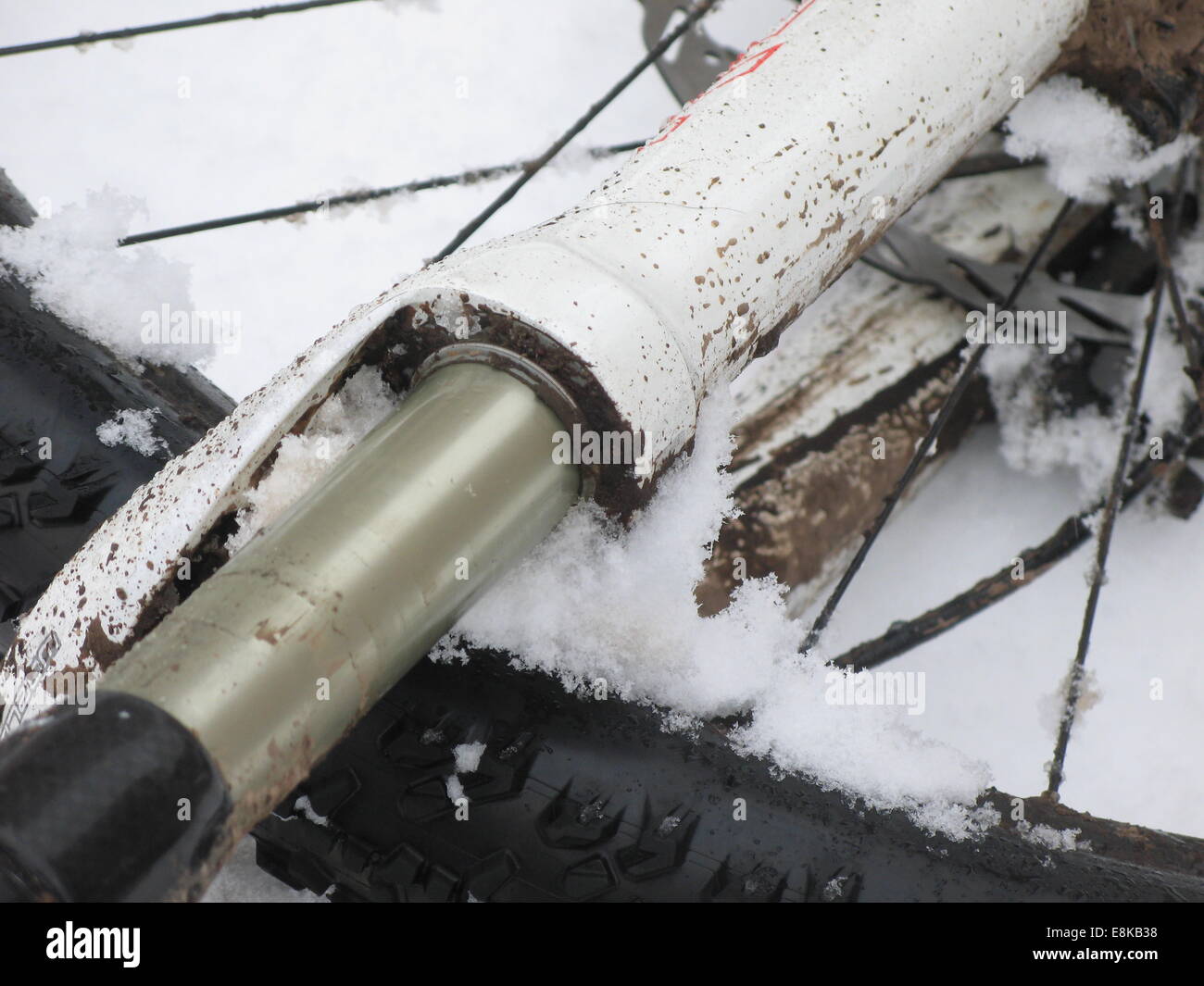 mountain bike suspension forks covered in snow Stock Photo Alamy