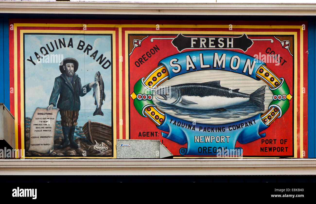Signs on the wall of the Fish Peddlers market, Newport, Oregon, United States Stock Photo
