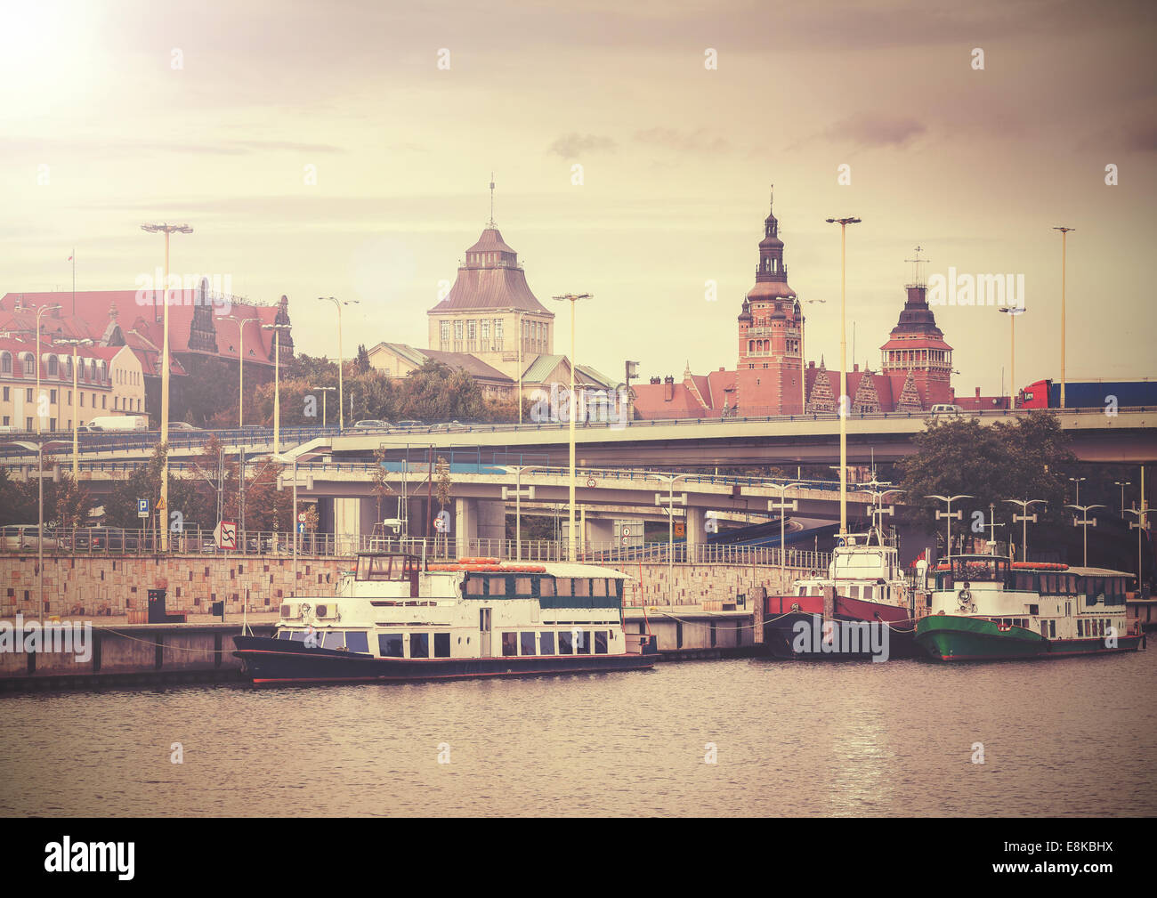 Vintage picture of Szczecin (Stettin) City riverside view, Poland. Stock Photo