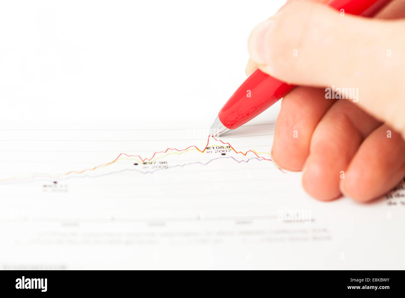 Close-up of female hand holding pen over business graph Stock Photo - Alamy