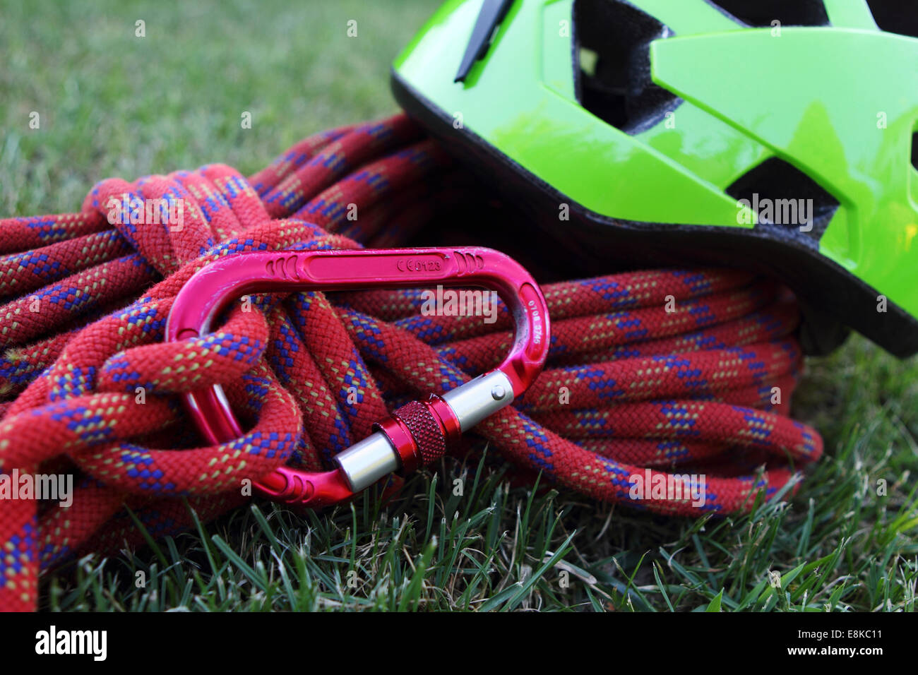 Rock climbing equipment rope, helmet and carabiner Stock Photo Alamy
