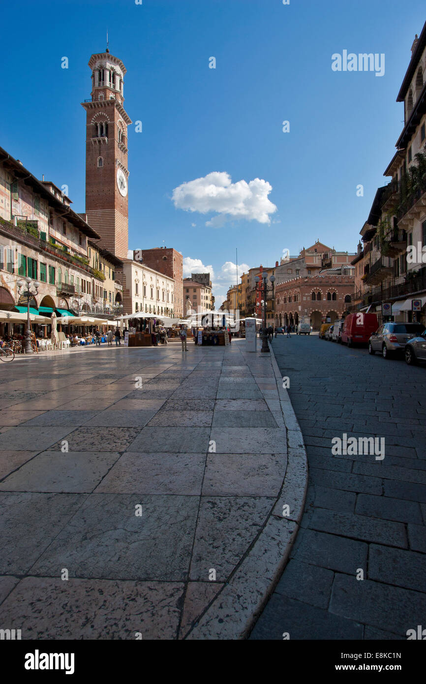 A view of Piazza delle Erbe in Verona, Italy. On the left the Lamberti Tower. Stock Photo