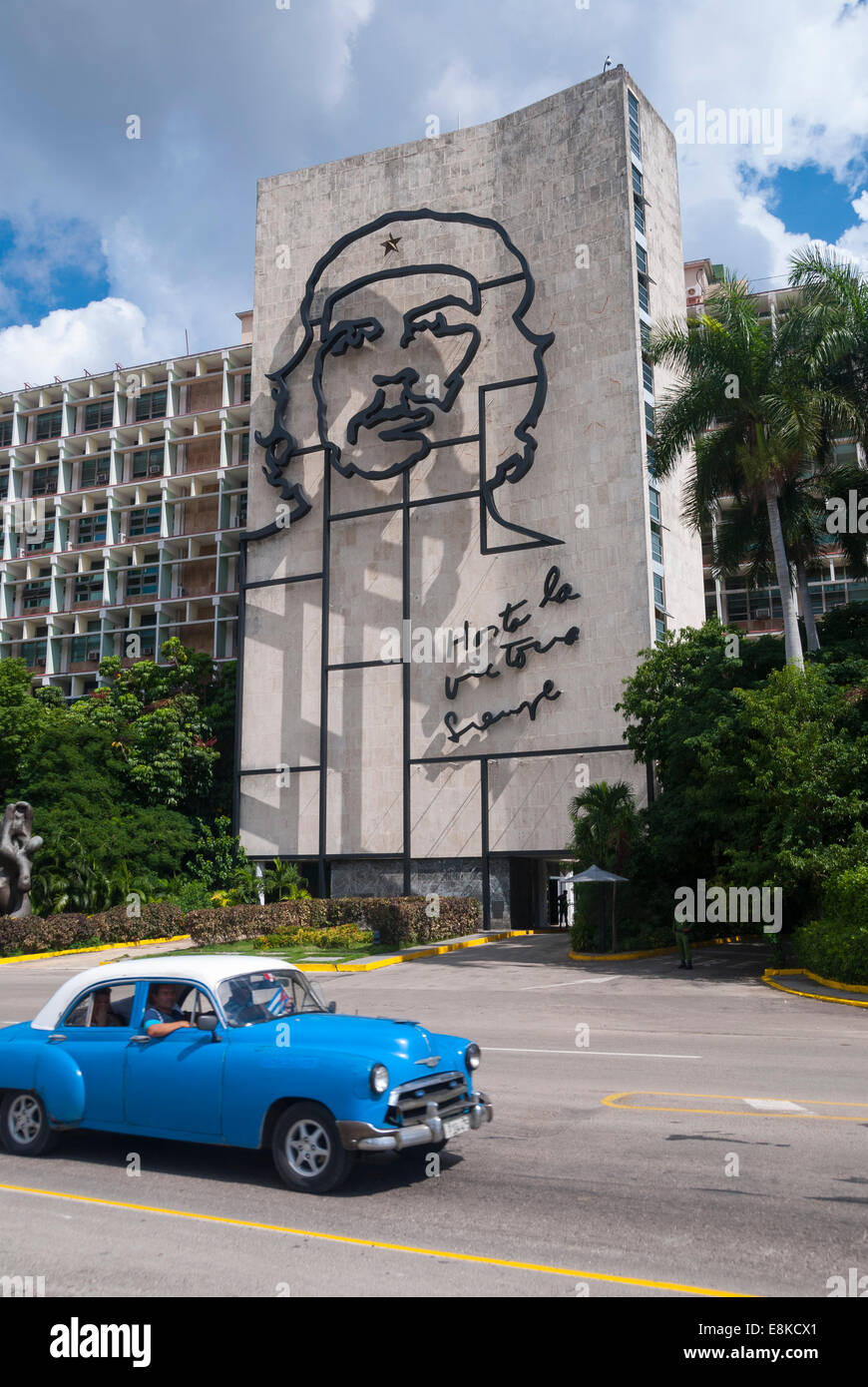 A view from Revolution square of the sculptured image of Che Guevara on the Ministry of the Interior building in Havana Cuba. Stock Photo