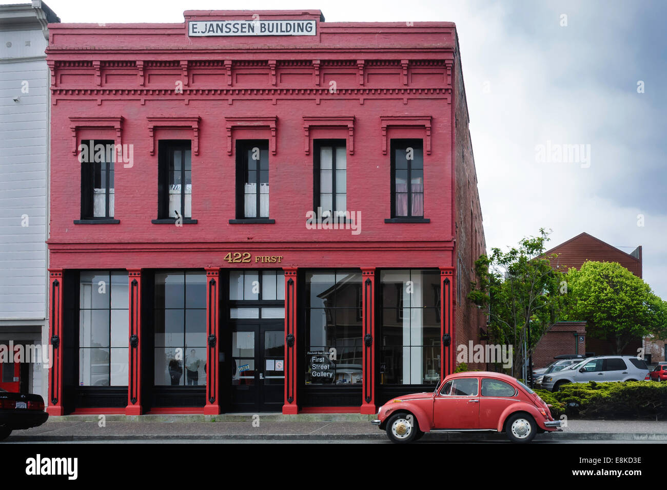 Illustrative image of a old and  typical Victorian style red building in Arcata, California Stock Photo