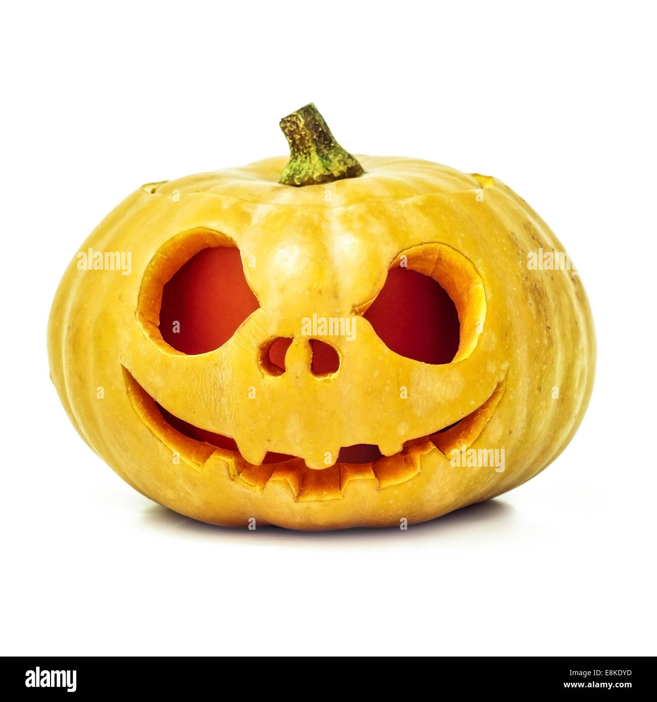 Scary Halloween yellow pumpkin face isolated on white background with ...