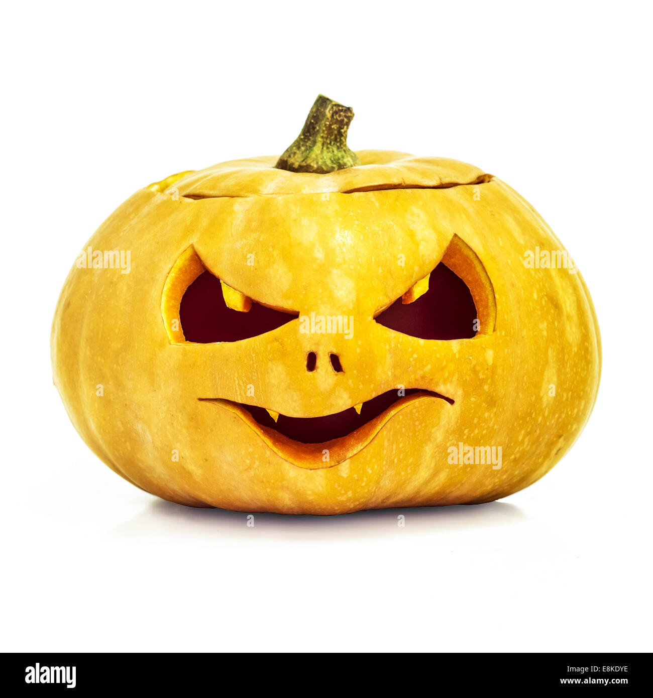 Scary Halloween yellow pumpkin face isolated on white background with ...