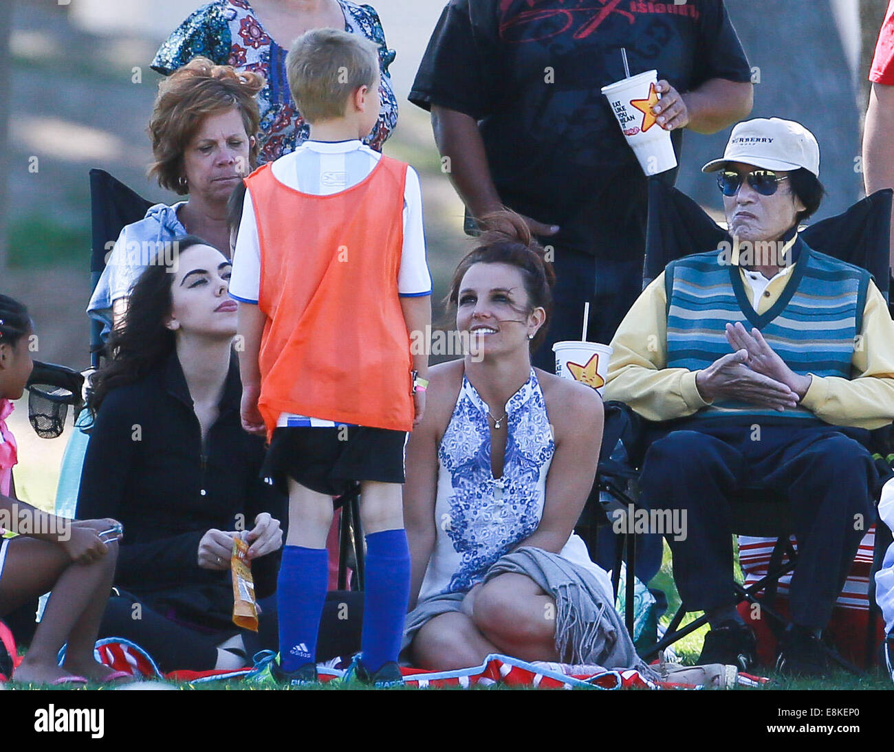 Britney Spears and Sean Preston and Jayden James Federline play soccer in Los Angeles  Featuring: Britney Spears,Jayden James Federline Where: Los Angeles, California, United States When: 06 Apr 2014 Stock Photo