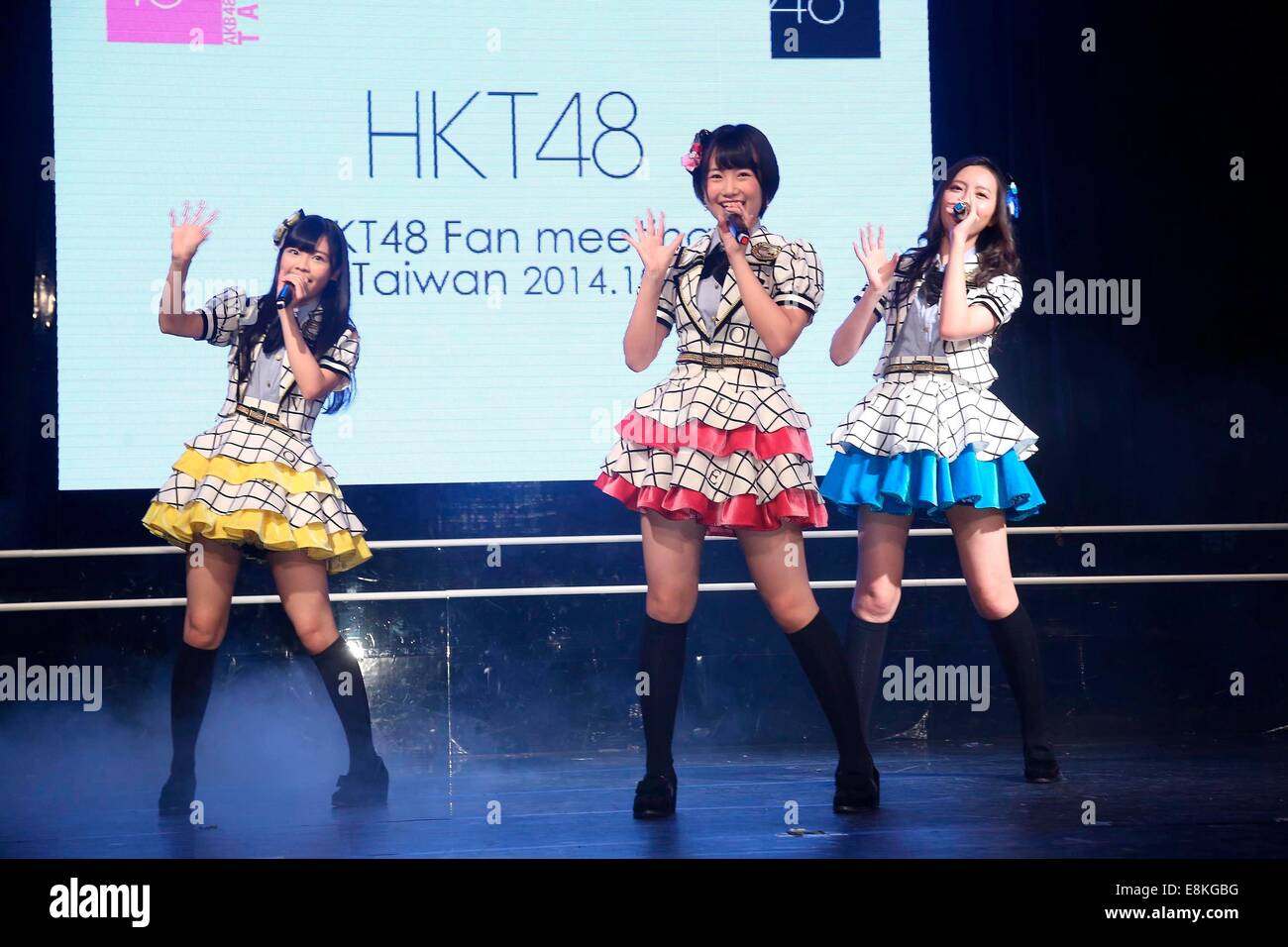 Three members of Japanese idol group HKT48 come to Taipei for fans meeting conference to promote their coming concert in Taipei, Taiwan, China on 9th October, 2014. Stock Photo