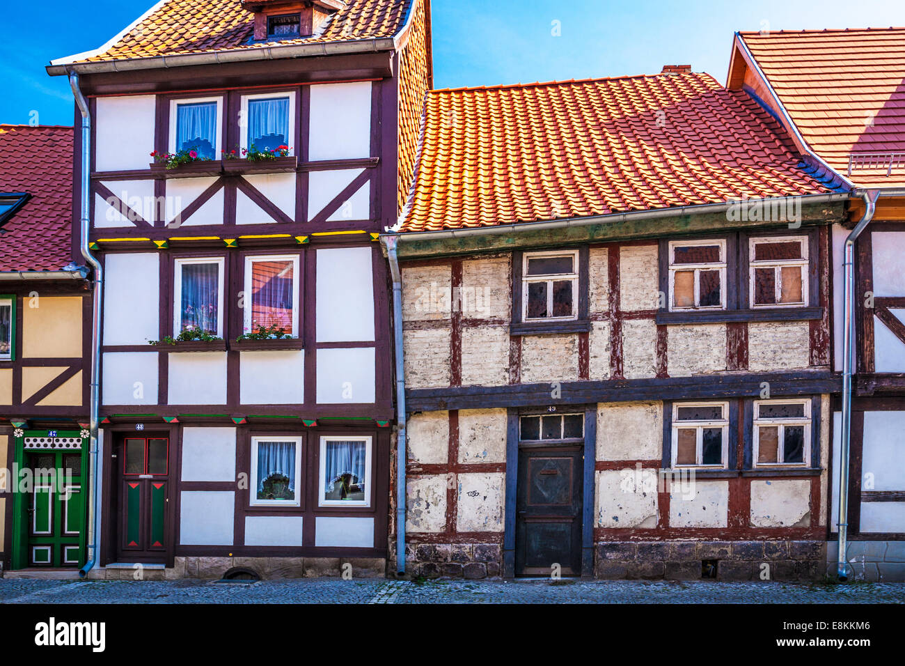 Crooked half-timbered medieval house in the UNESCO World Heritage town of Quedlinburg, Germany. Stock Photo