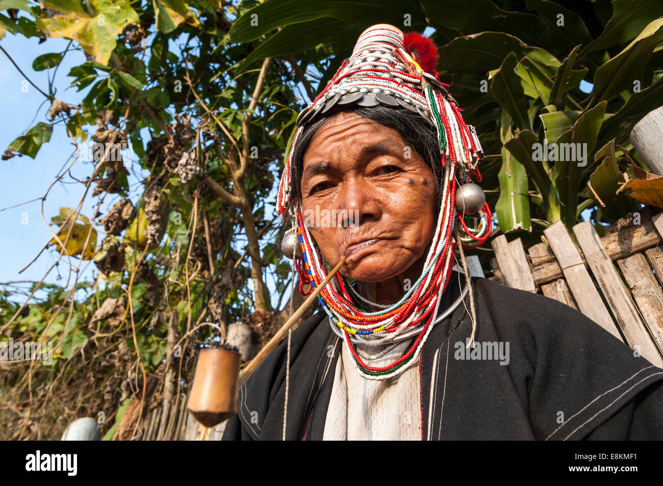 Traditionally dressed elderly woman from the Akha people, hill tribe ...