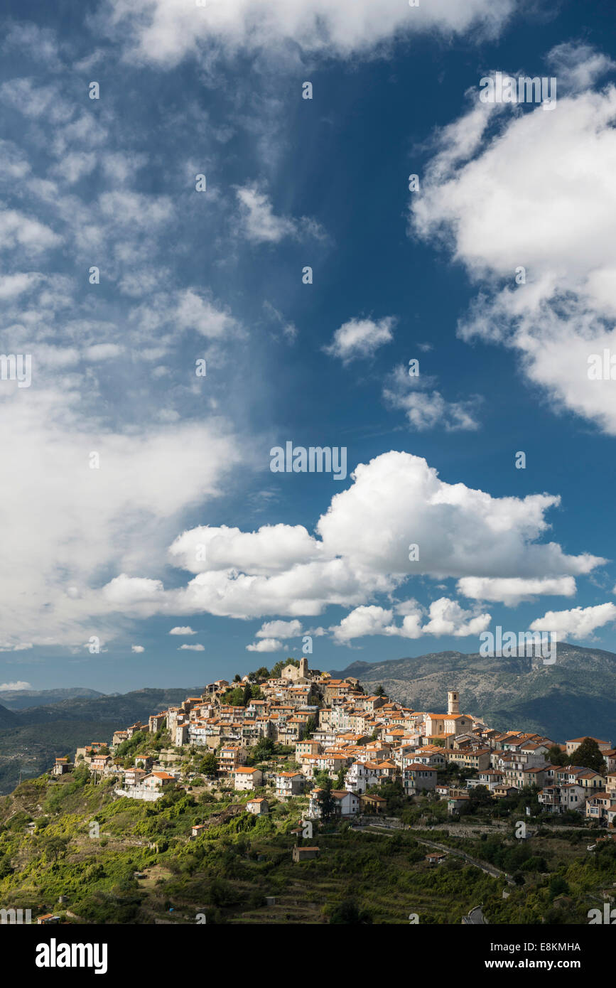 Medieval village on a mountain top, Bajardo, Imperia Province, Liguria, Italy Stock Photo