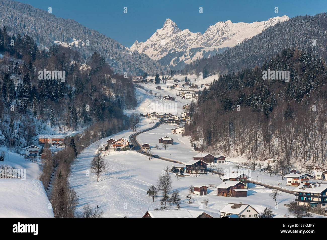 High valley in winter, road to Golm, behind the Zimba, 2643m, Tschagguns, Montafon, Vorarlberg, Austria Stock Photo