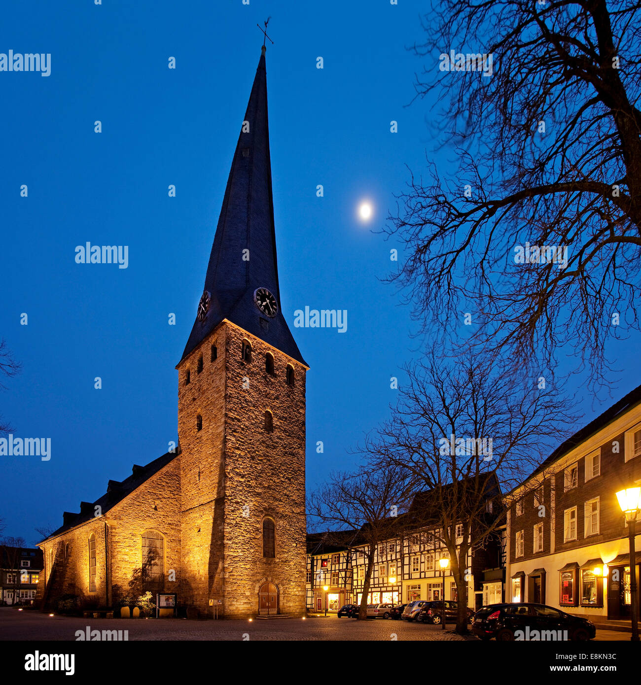 St. George's Church with leaning tower in the historic centre at dusk, Hattingen, Ruhr district, North Rhine-Westphalia, Germany Stock Photo