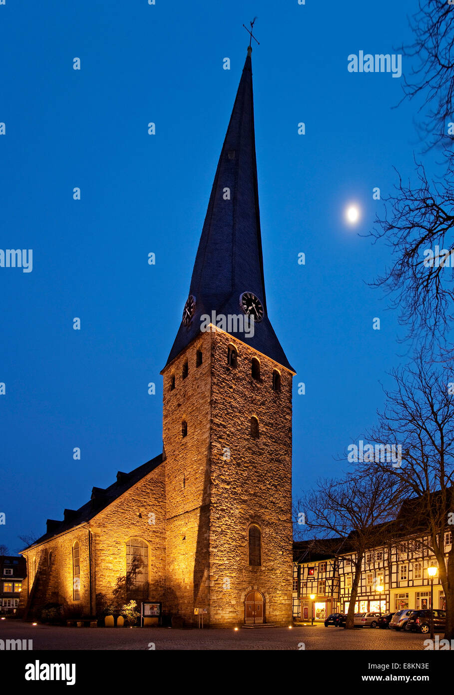 St. George's Church with leaning tower in the historic centre at dusk, Hattingen, Ruhr district, North Rhine-Westphalia, Germany Stock Photo