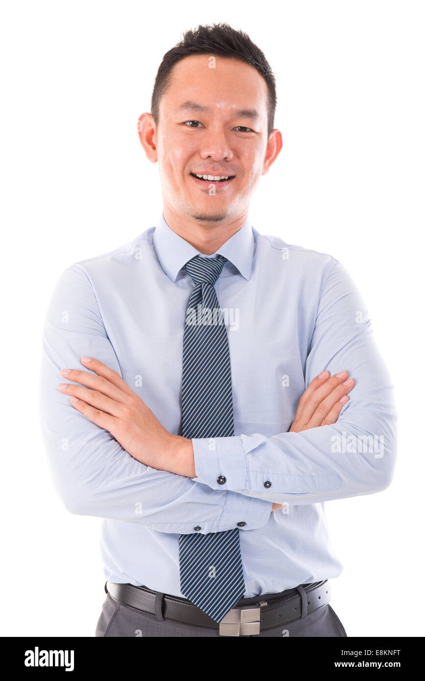 Asian business man smiling, standing isolated over white background ...