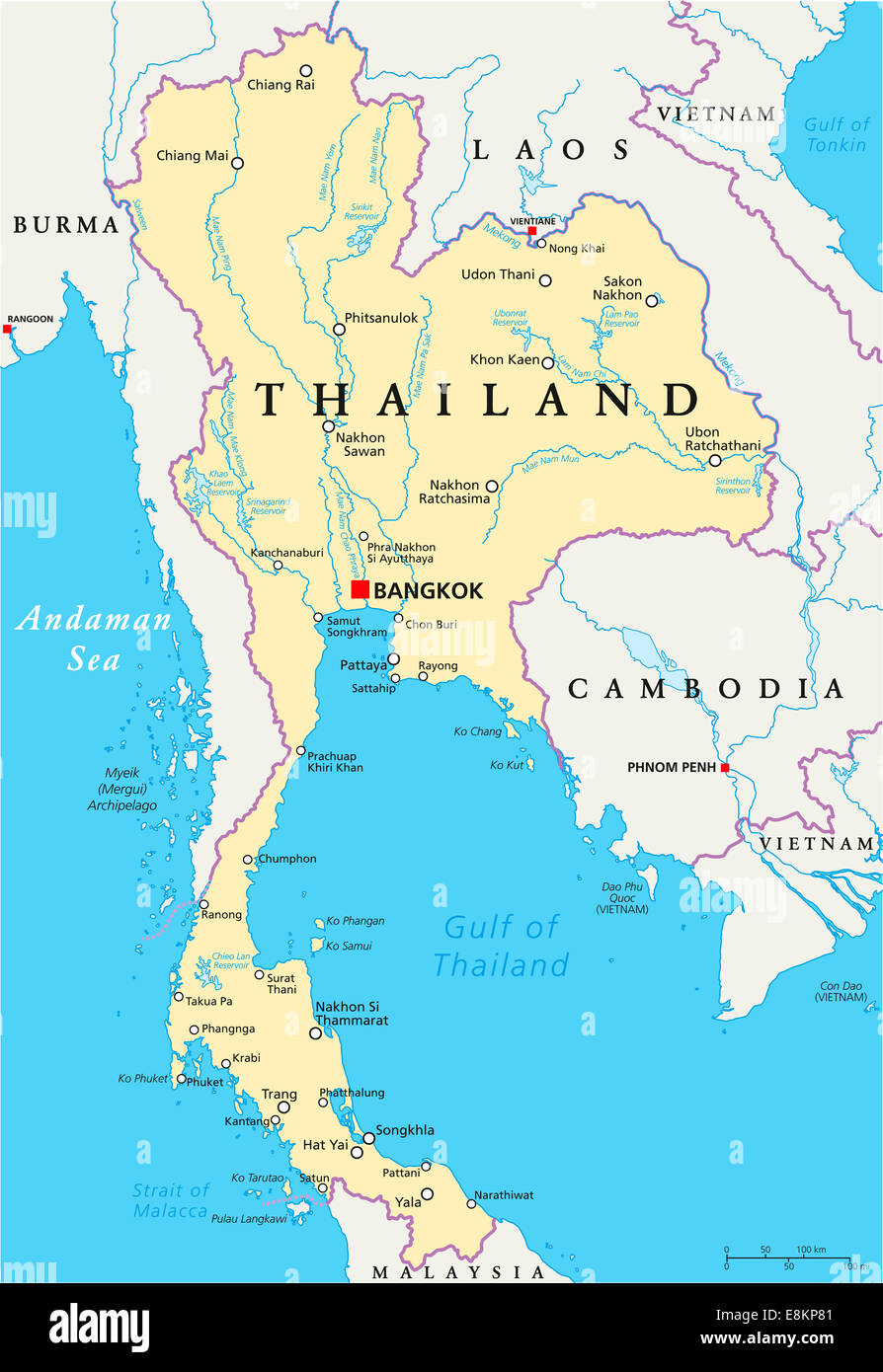 Thailand Political Map with capital Bangkok, national borders, most important cities, rivers and lakes. English labeling. Stock Photo