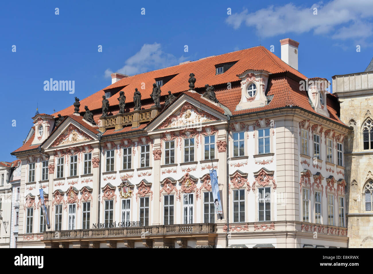 The National Gallery with statues and decorative designs on the facade of the building in the Old Town Square, Prague. Stock Photo