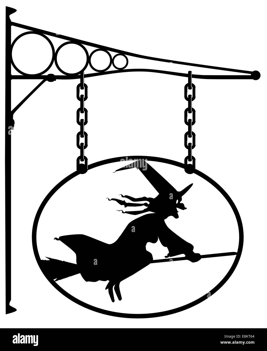 Oval metal sign with a silhouette of a witch Stock Photo