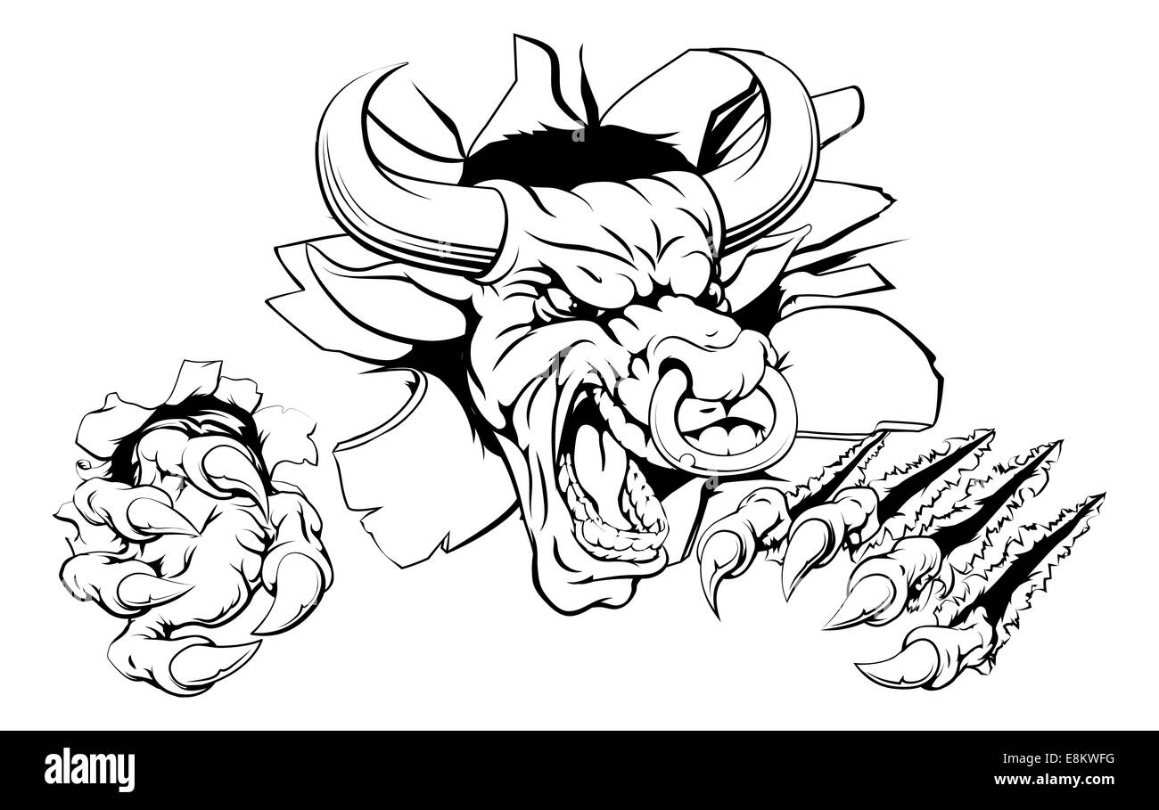 An illustration of a Bull breaking through the wall or background Stock Photo