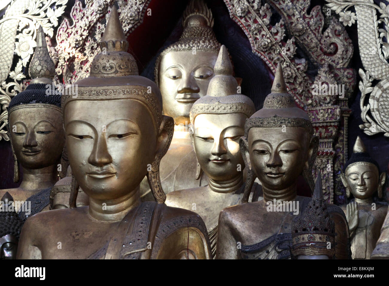 Buddha statues in Wat Jong Kham monastery, Kengtung, Burma (Myanmar) Stock Photo