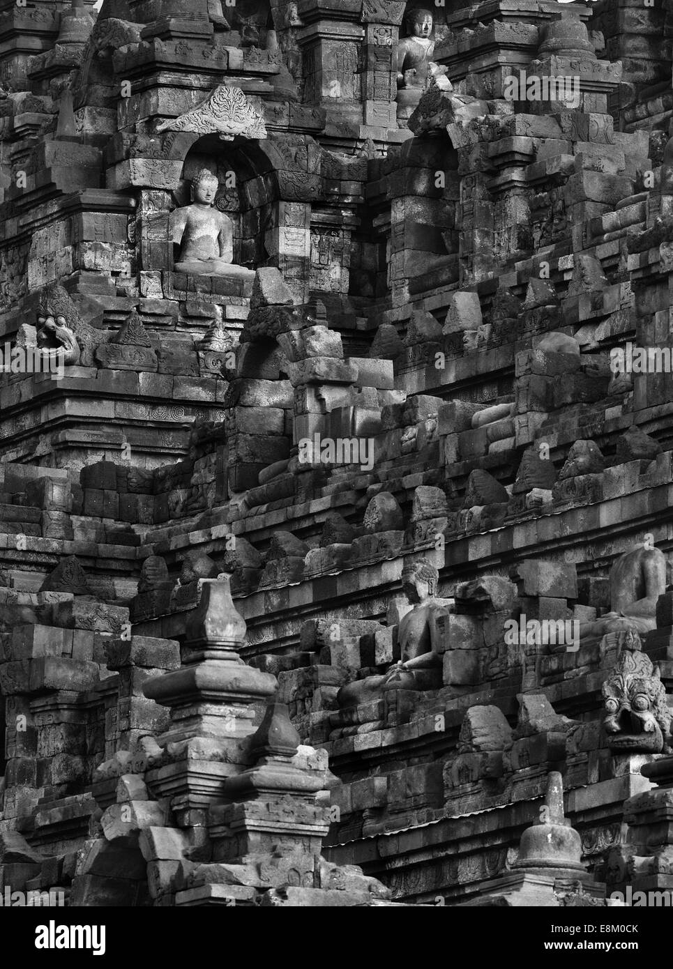 Close-up of elements of stone statues on the pyramid temple of Borobudur Stock Photo