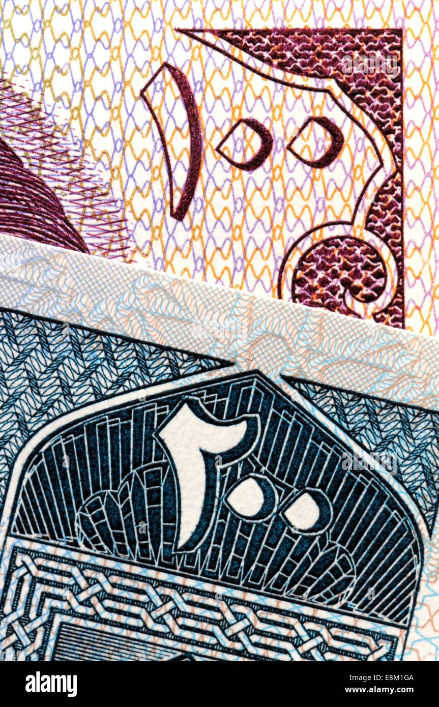 Detail from Iranian banknotes showing numbers 100 and 200 in Arabic numerals Stock Photo