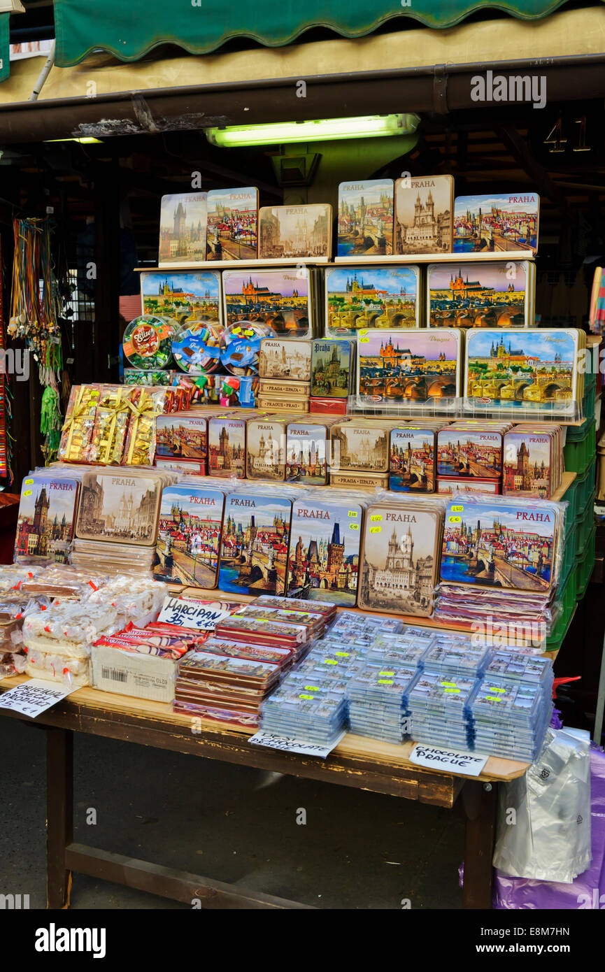 A selection of colourful boxes of biscuits on sale in the Havelská market in the City of Prague, Czech Republic. Stock Photo